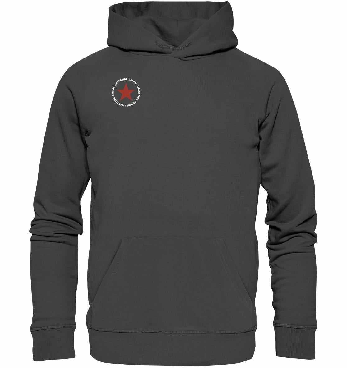 Vegan und Bio Hoodie: Red Star - Animal Liberation, grauer Kapuzenpullover mit rotem Stern, aus Bio-Baumwolle und Recyclingmaterialien, normaler Schnitt, Kängurutasche.