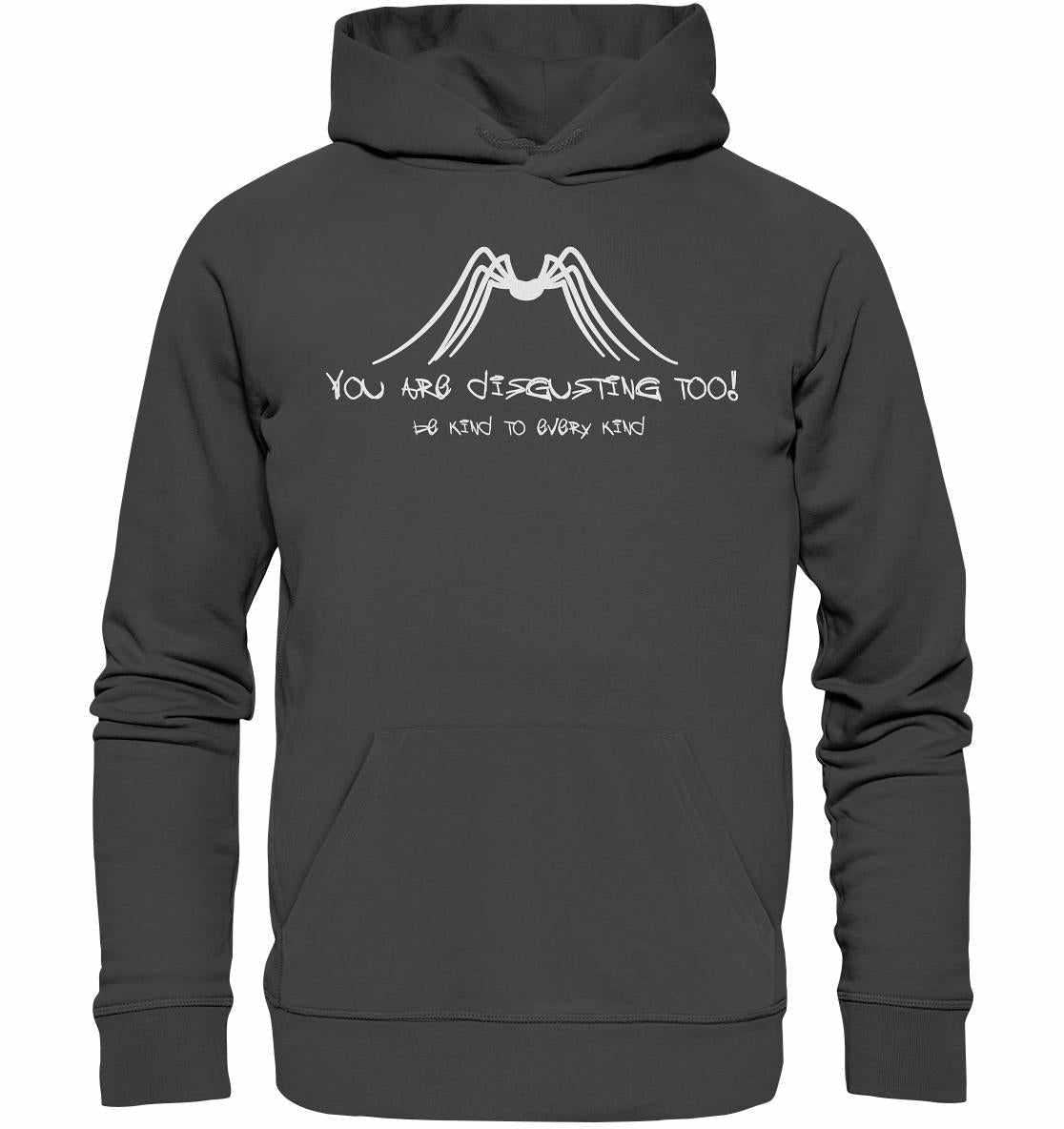 Vegan und Bio Hoodie: Protect Insects, grauer Kapuzenpullover mit weißem Text, inspiriert von Tierschutz und Nachhaltigkeit, aus Bio-Baumwolle und recyceltem Polyester.