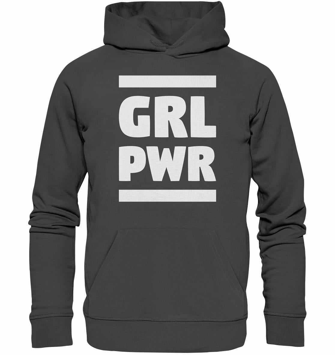 Vegan und Bio Hoodie: GIRL POWER mit feministischer Message, grauer Hoodie mit weißem Text, aus Bio-Baumwolle und recyceltem Polyester, von RUDE REBEL.