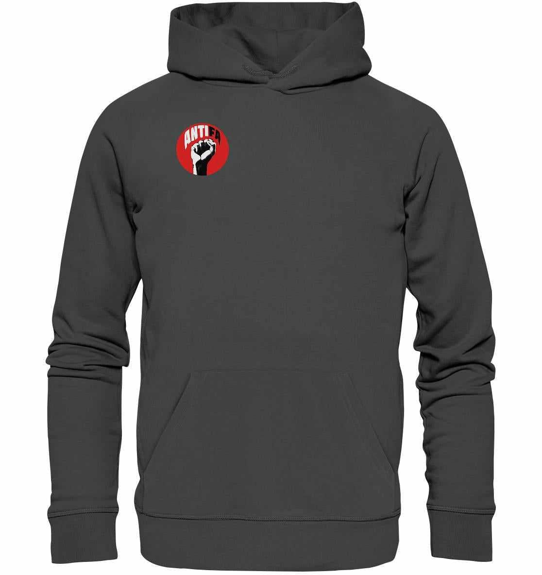 Vegan und Bio Hoodie: Antifa - Gemeinsam gegen Rechts, grauer Hoodie mit rotem und weißem Logo, umweltfreundlich aus Bio-Baumwolle, symbolisiert Widerstand gegen Faschismus.