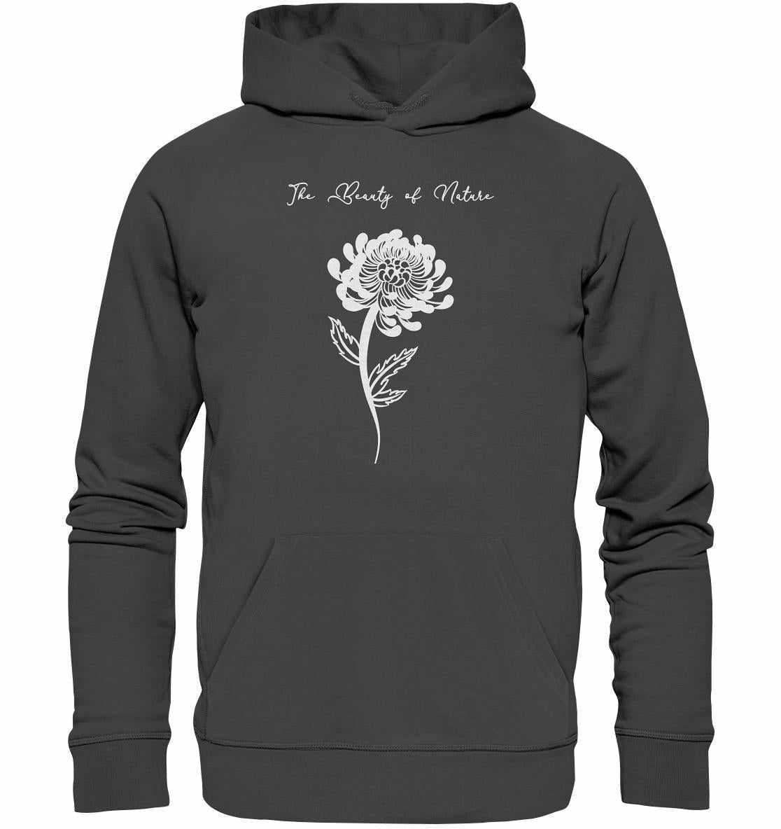 Vegan und Bio Hoodie: Chrysantheme - Grauer Hoodie mit Blumendesign, aus nachhaltigen Materialien, symbolisiert Naturschutz, erhältlich bei RUDE REBEL.