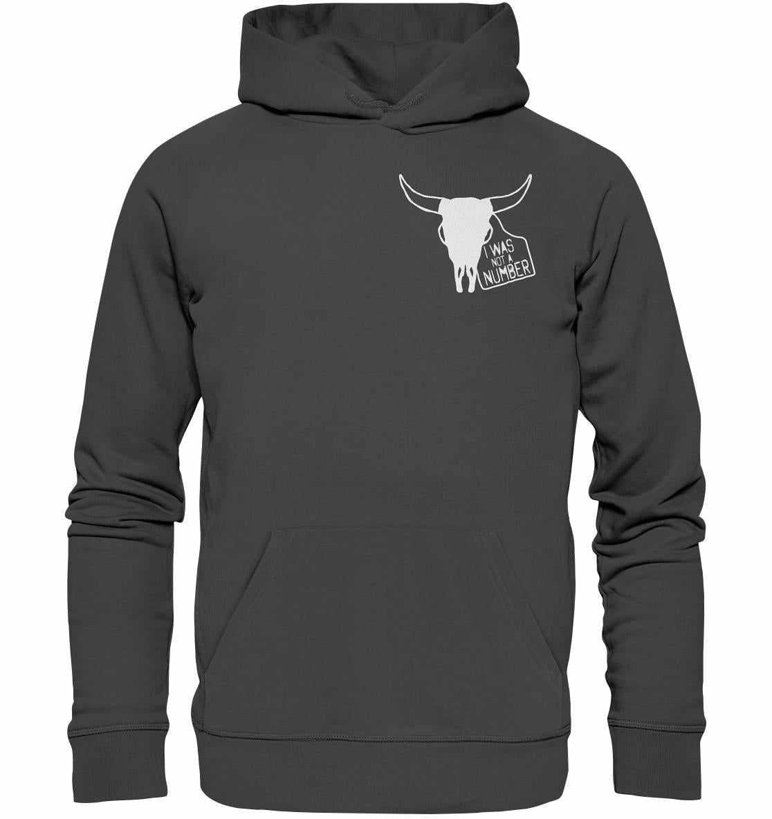 Vegan und Bio Hoodie: I was not a number, grauer Hoodie mit Stierschädel-Design, aus Bio-Baumwolle und recyceltem Material, symbolisiert Tierrechte.