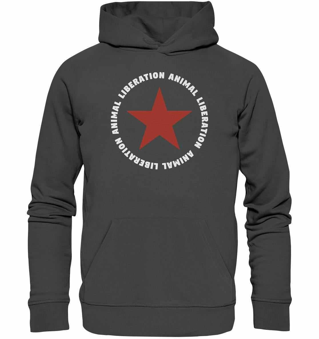 Vegan und Bio Hoodie: Red Star und Animal Liberation, grauer Hoodie mit rotem Sternmotiv, aus Bio-Baumwolle und Recyclingmaterialien, rebellisches Design von RUDE REBEL.