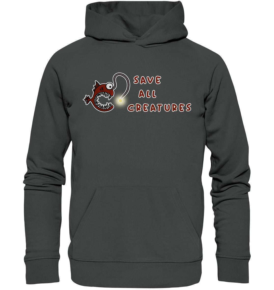 Vegan und Bio Hoodie mit Cartoon-Anglerfisch und Text, nachhaltig aus Bio-Baumwolle und Recyclingmaterialien, betont Schutz aller Kreaturen.