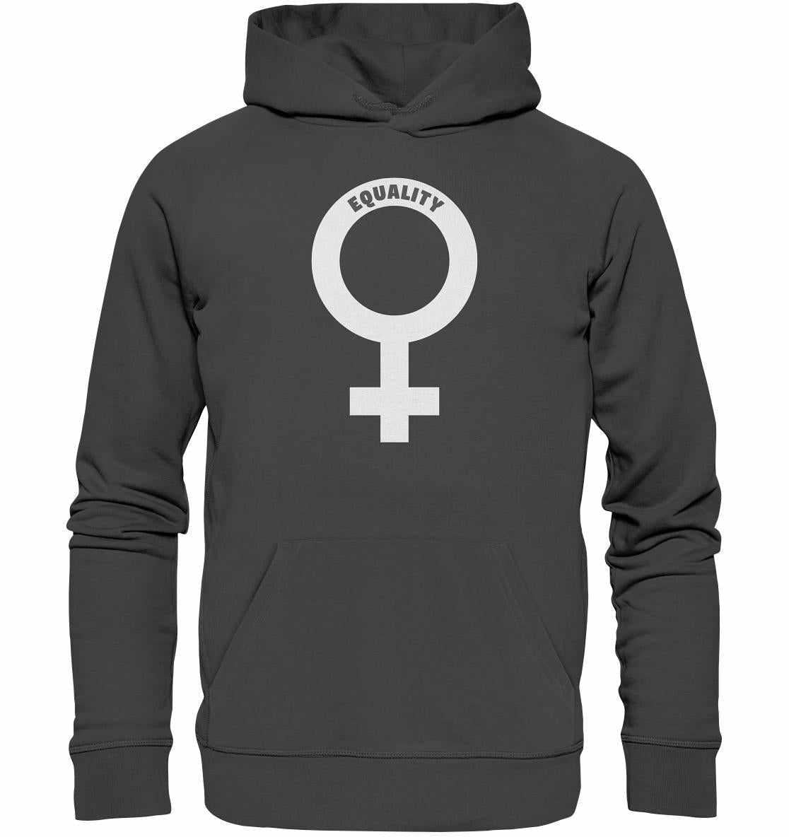 Vegan und Bio Hoodie mit Venussymbol, aus Bio-Baumwolle und Recyclingmaterialien, repräsentiert feministische Botschaft und Gleichberechtigung der Frauen.