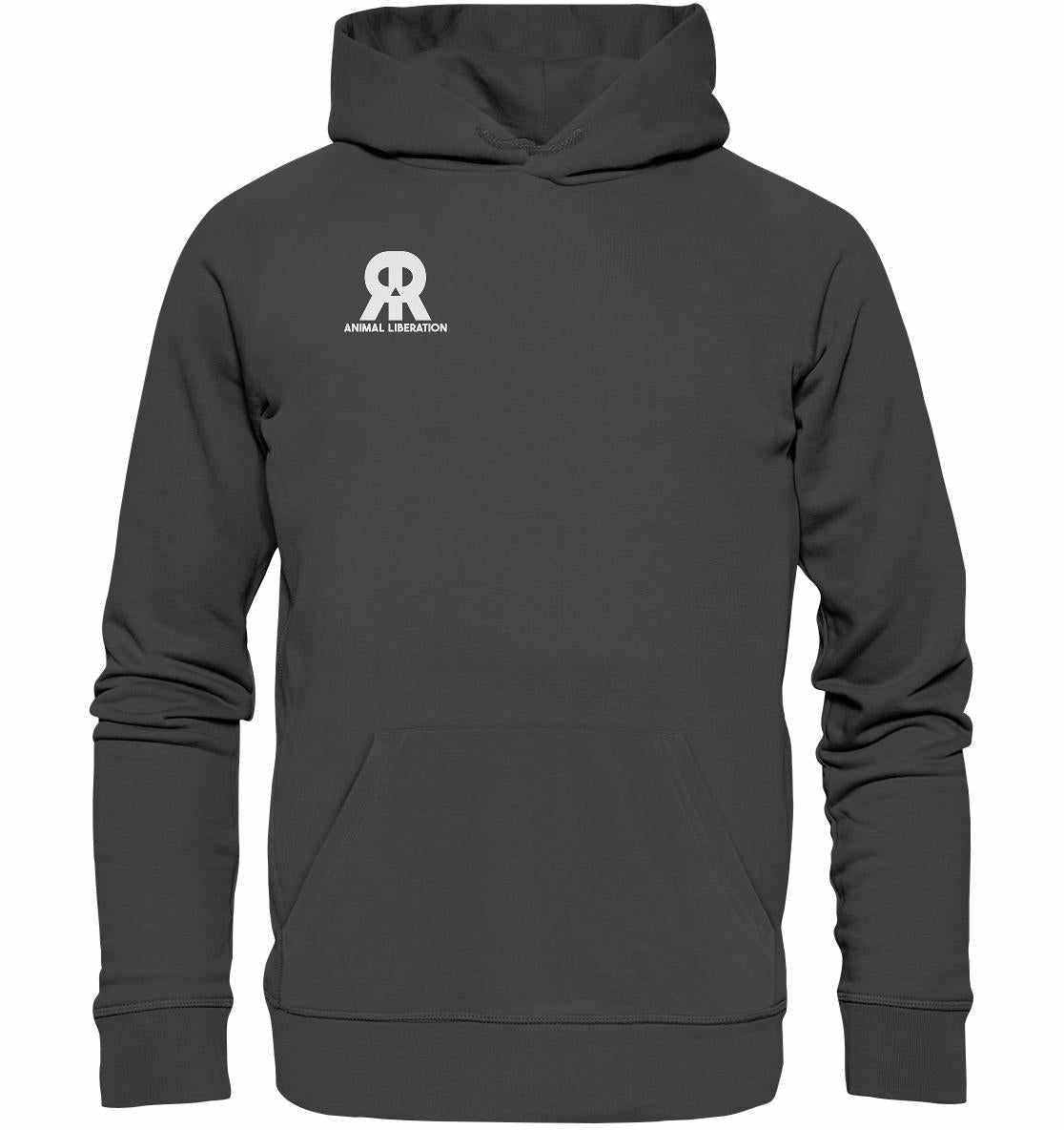 Vegan und Bio Hoodie: RUDE REBEL Skull - Animal Liberation, grauer Hoodie mit Totenkopf-Logo, hergestellt aus Bio-Baumwolle und Recyclingmaterialien, fördert Tierrechte.
