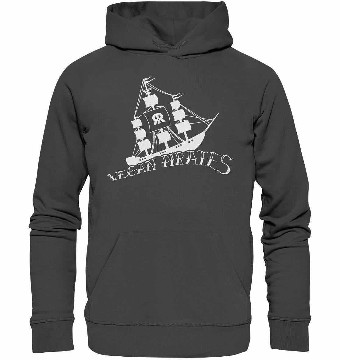 Vegan und Bio Hoodie: Vegan Pirates, grauer Hoodie mit Piratenschiff-Design, vegan und nachhaltig aus Bio-Baumwolle und recyceltem Polyester, normaler Schnitt, Kängurutasche.