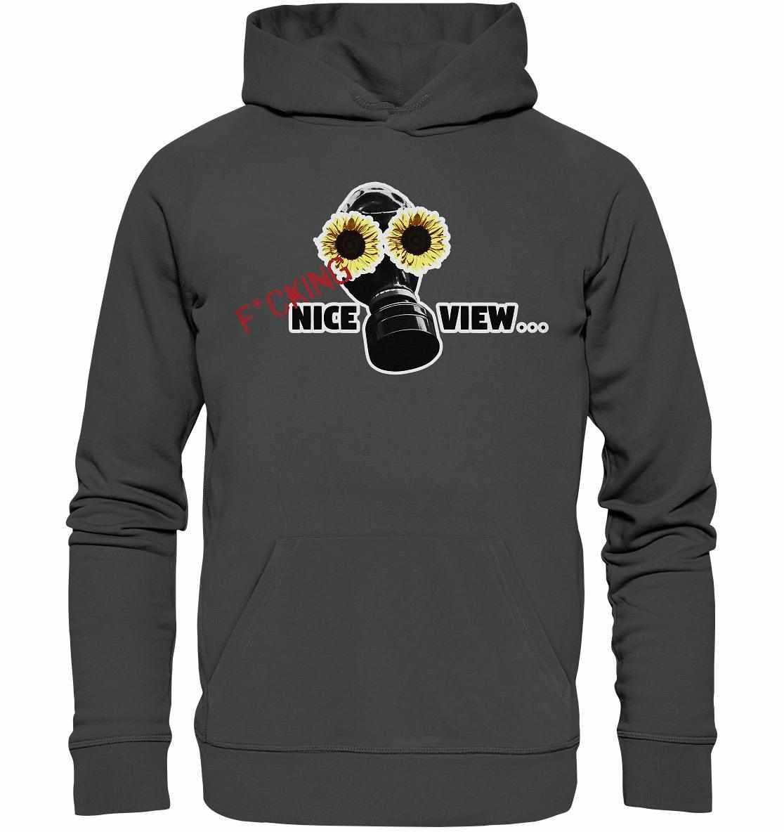 Vegan und Bio Hoodie: Sunflower Mask - F*cking nice view... zeigt grauen Hoodie mit Gasmaske und Sonnenblumen, aus nachhaltigen Materialien, inspiriert von umweltfreundlicher Zukunftsvision.