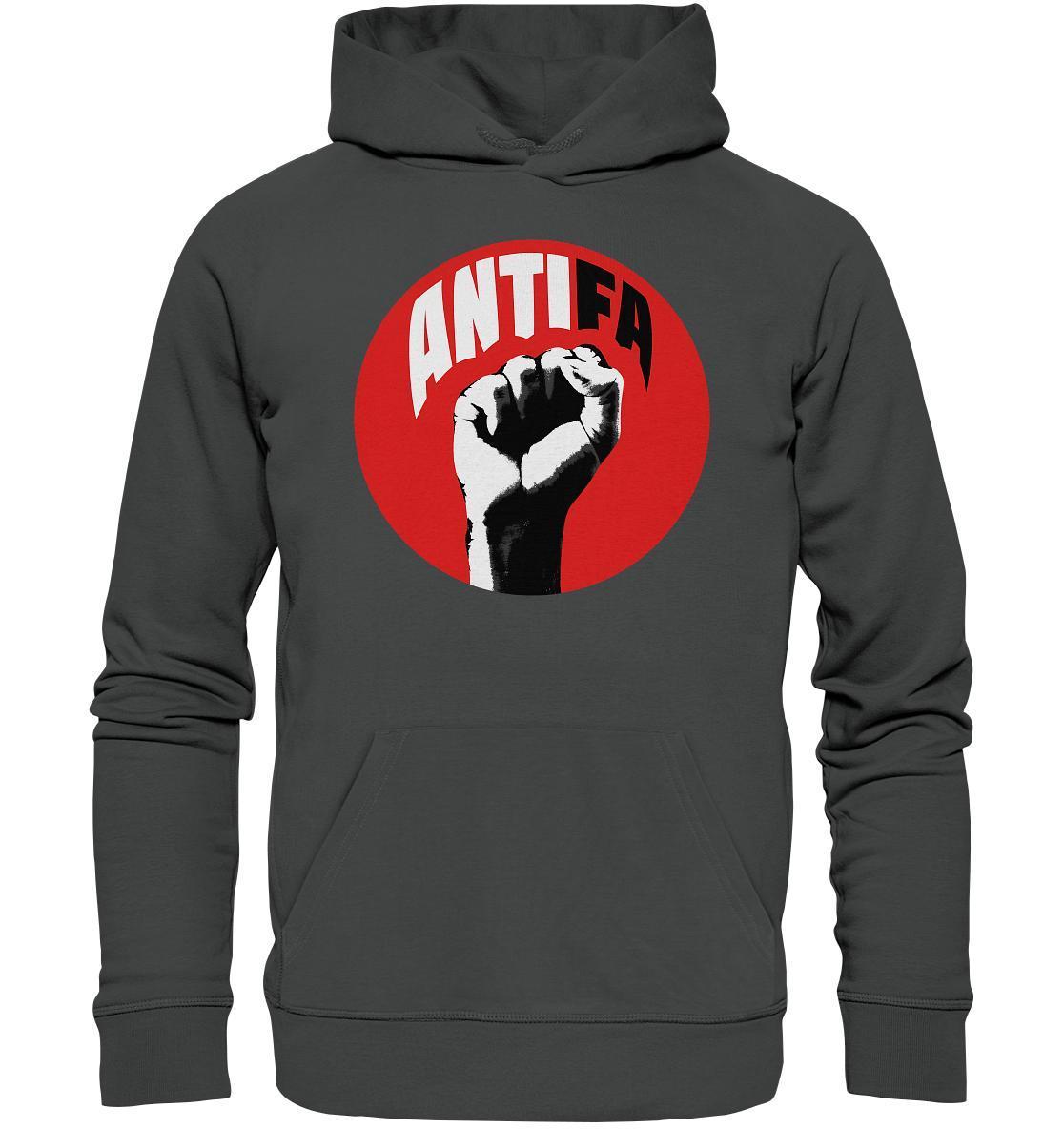 Vegan und Bio Hoodie: Antifa - Kampf gegen Rechts, grauer Hoodie mit erhobener Faust, symbolisiert Widerstand gegen Faschismus, hergestellt aus Bio-Baumwolle und recyceltem Polyester.