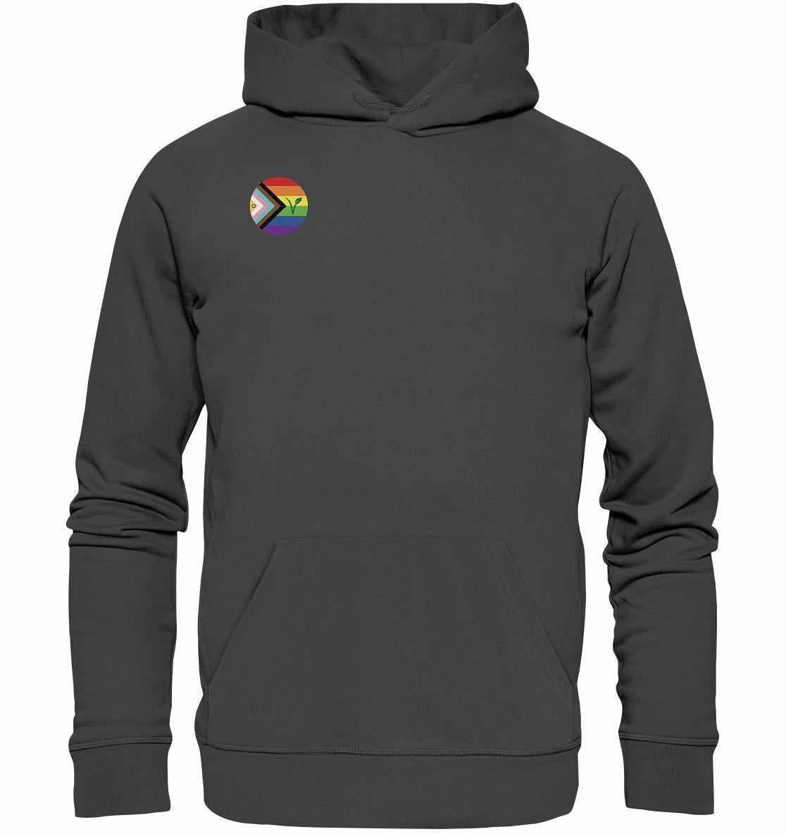 Vegan und Bio Hoodie: LGBTQIA+ VEGAN, grauer Hoodie mit Regenbogen-Logo und veganem Symbol, aus Bio-Baumwolle und Recyclingmaterialien, mit Kängurutasche und flachen Zugkordeln.