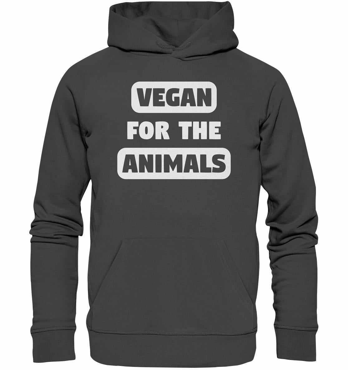 Vegan und Bio Hoodie: VEGAN FOR THE ANIMALS aus grauer Bio-Baumwolle mit weißem Text, Kapuze und Kängurutasche, symbolisiert tierfreundliche und nachhaltige Mode.