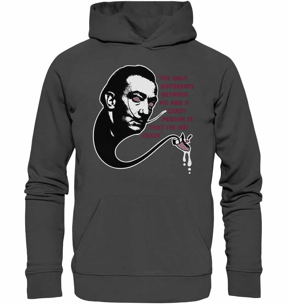 Vegan und Bio Hoodie: Crazy Dali mit surrealistischem Gesichtsmotiv auf der Vorderseite, hergestellt aus Bio-Baumwolle und recyceltem Polyester.