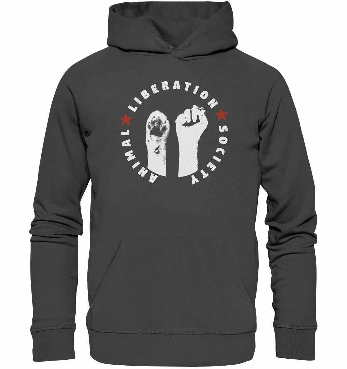 Vegan und Bio Hoodie mit weißem Text und Faust-Design, symbolisiert Tierrechte. Hergestellt aus Bio-Baumwolle und Recyclingmaterialien.