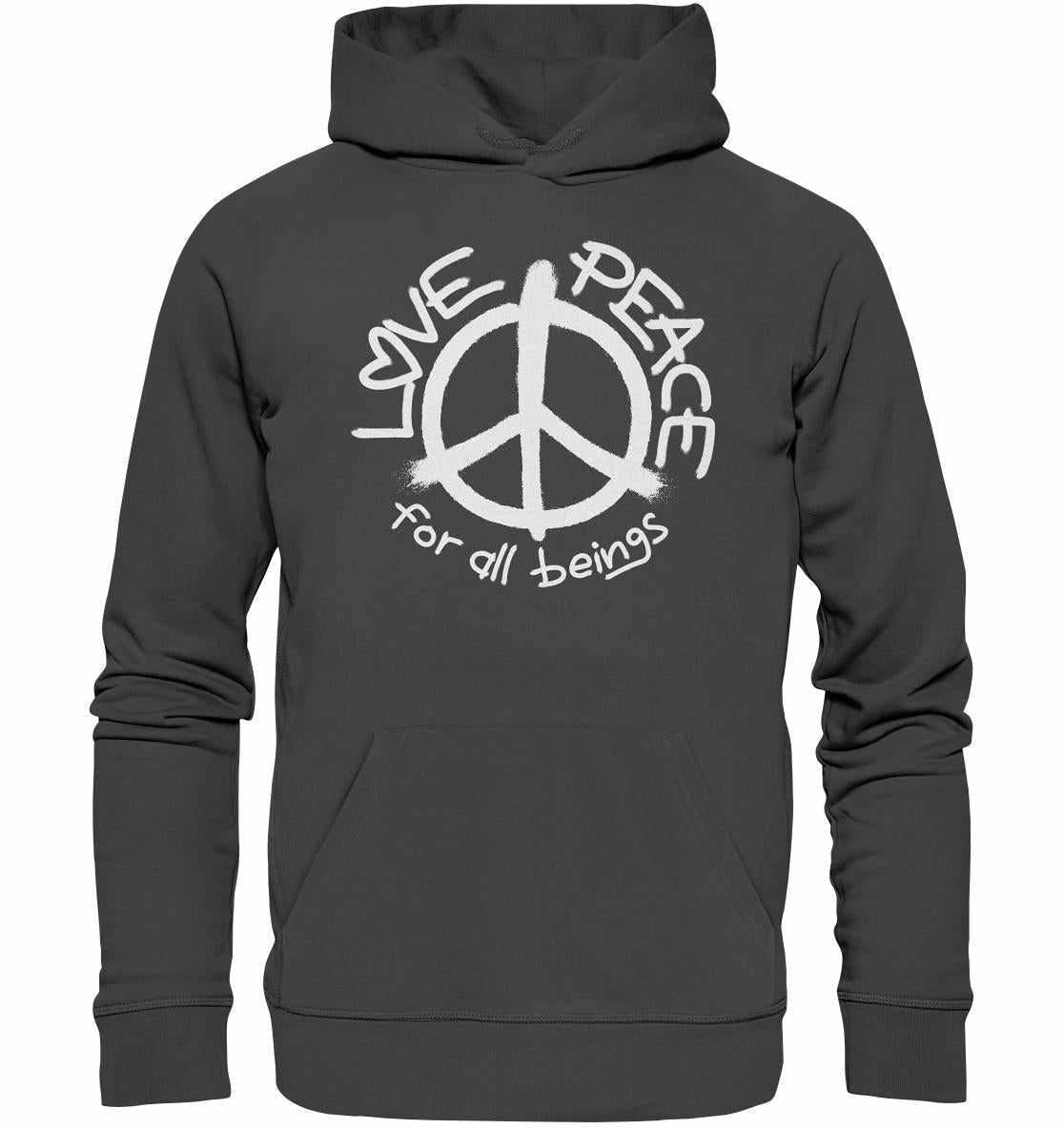 Vegan und Bio Hoodie: LOVE and PEACE for all beings, grauer Hoodie mit Friedenssymbol, aus Bio-Baumwolle und Recyclingmaterialien, repräsentiert Liebe und Frieden.