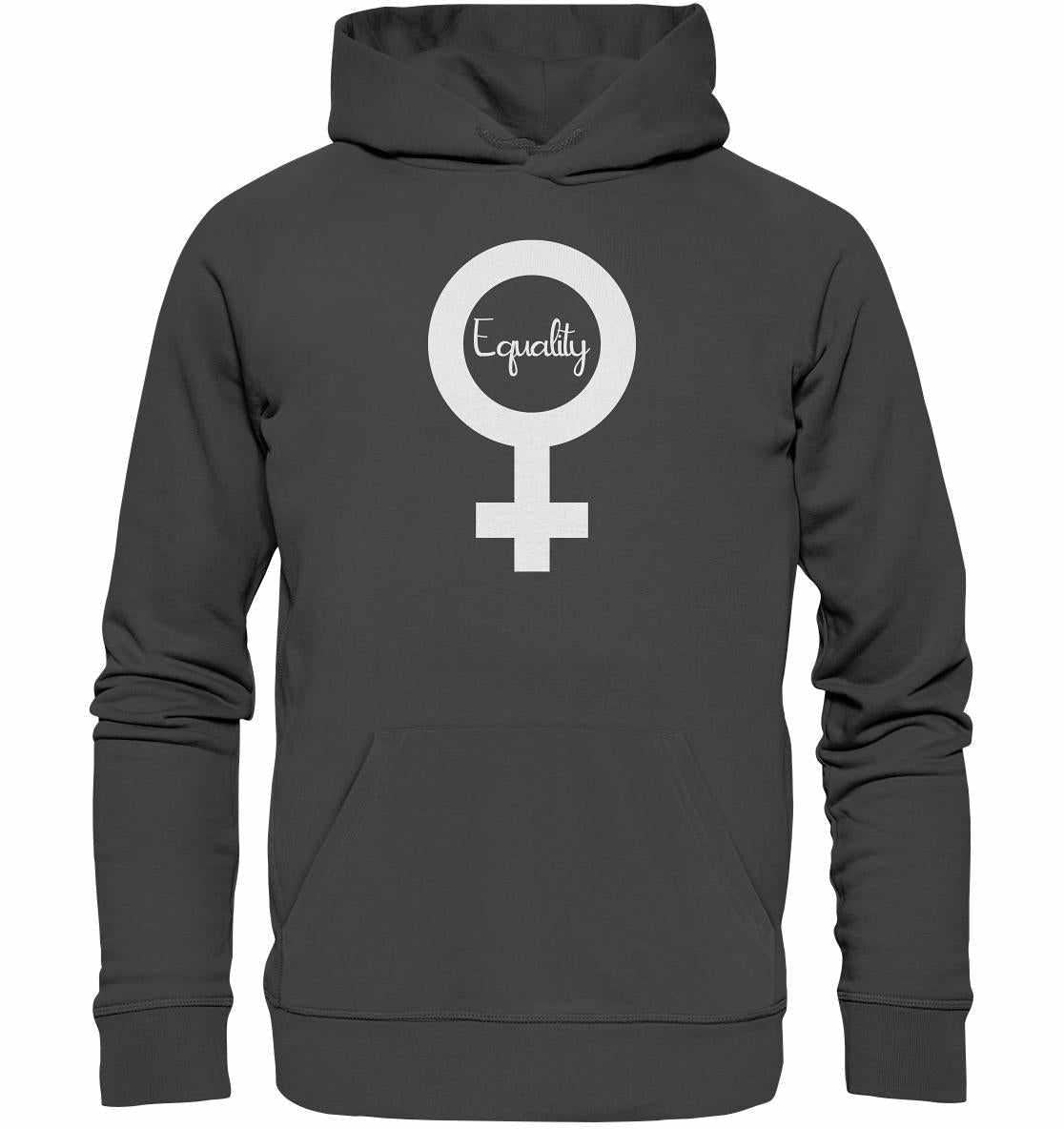 Vegan und Bio Hoodie: Feminismus - Der Kampf um Gleichberechtigung. Grauer Hoodie mit Symbol und Equality-Schriftzug, hergestellt aus Bio-Baumwolle und Recyclingmaterialien.