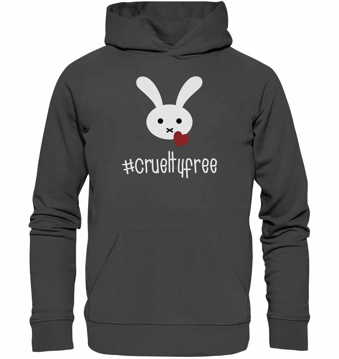 Vegan und Bio Hoodie: Crueltyfree Bunny BIG zeigt einen weißen Hasen mit rotem Herz, symbolisiert Tierschutz und vegane Bewegung, gefertigt aus Bio-Baumwolle.