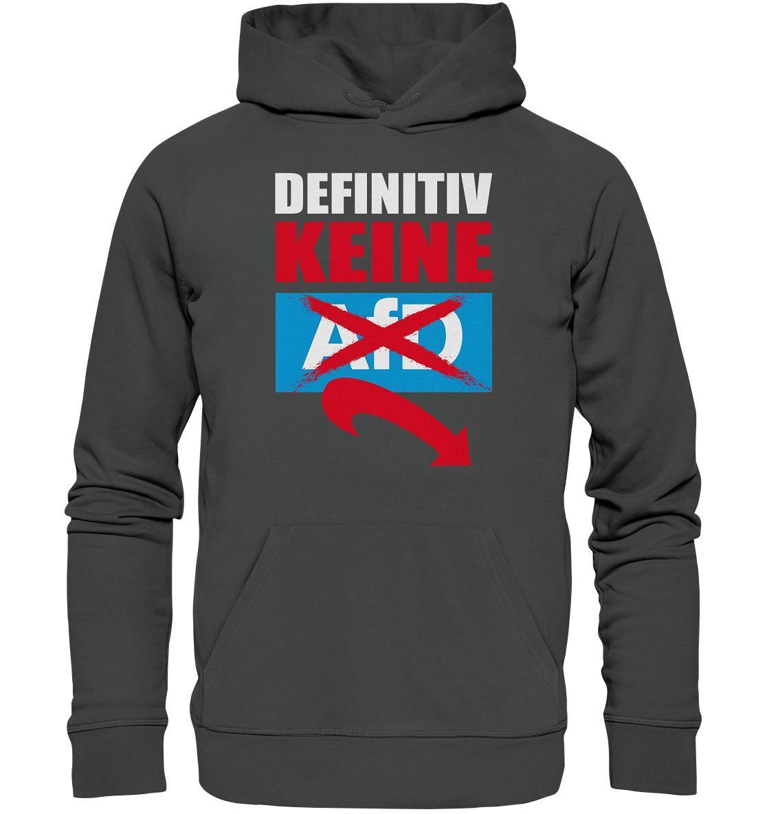 Vegan und Bio Hoodie: Gegen Rechts – grauer Kapuzenpullover mit rotem und blauem Text, aus nachhaltigen Materialien, setzt ein Zeichen gegen Hass und Hetze.