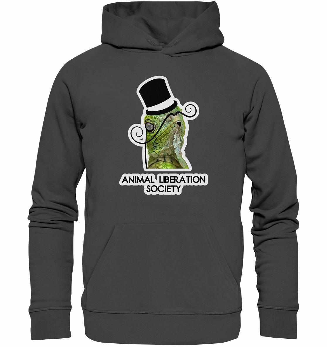 Vegan und Bio Hoodie: Sir Reptile - Animal Liberation Society, zeigt einen eleganten grünen Lizard mit Hut, hergestellt aus Bio-Baumwolle und recycelten Materialien.