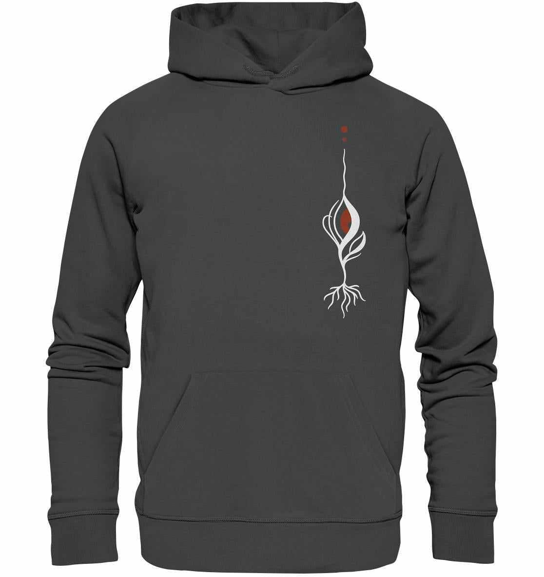 Vegan, Organic & Recycled Hoodie: Minimalist bloody Eye - Plant, grauer Hoodie mit weiß-rotem Design, symbolisiert Umweltschutz und nachhaltige Produktion.