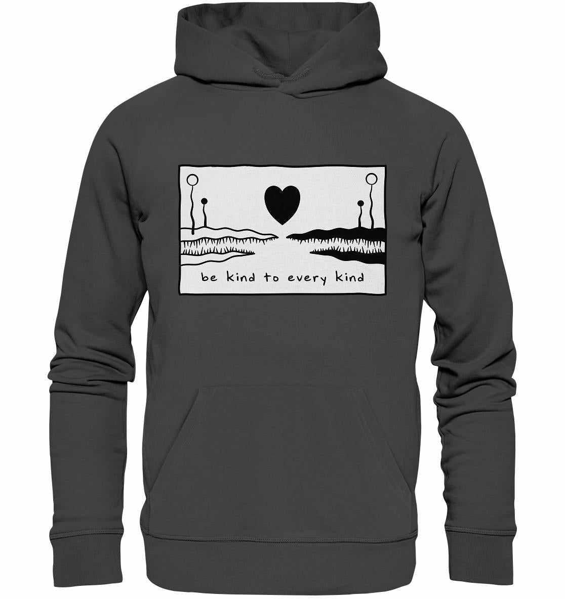 Vegan und Bio Hoodie: Be kind to every kind, grauer Hoodie mit Herz- und Textdesign, Kängurutasche, Kapuze mit Futter, umweltfreundlich und nachhaltig aus Bio-Baumwolle gefertigt.
