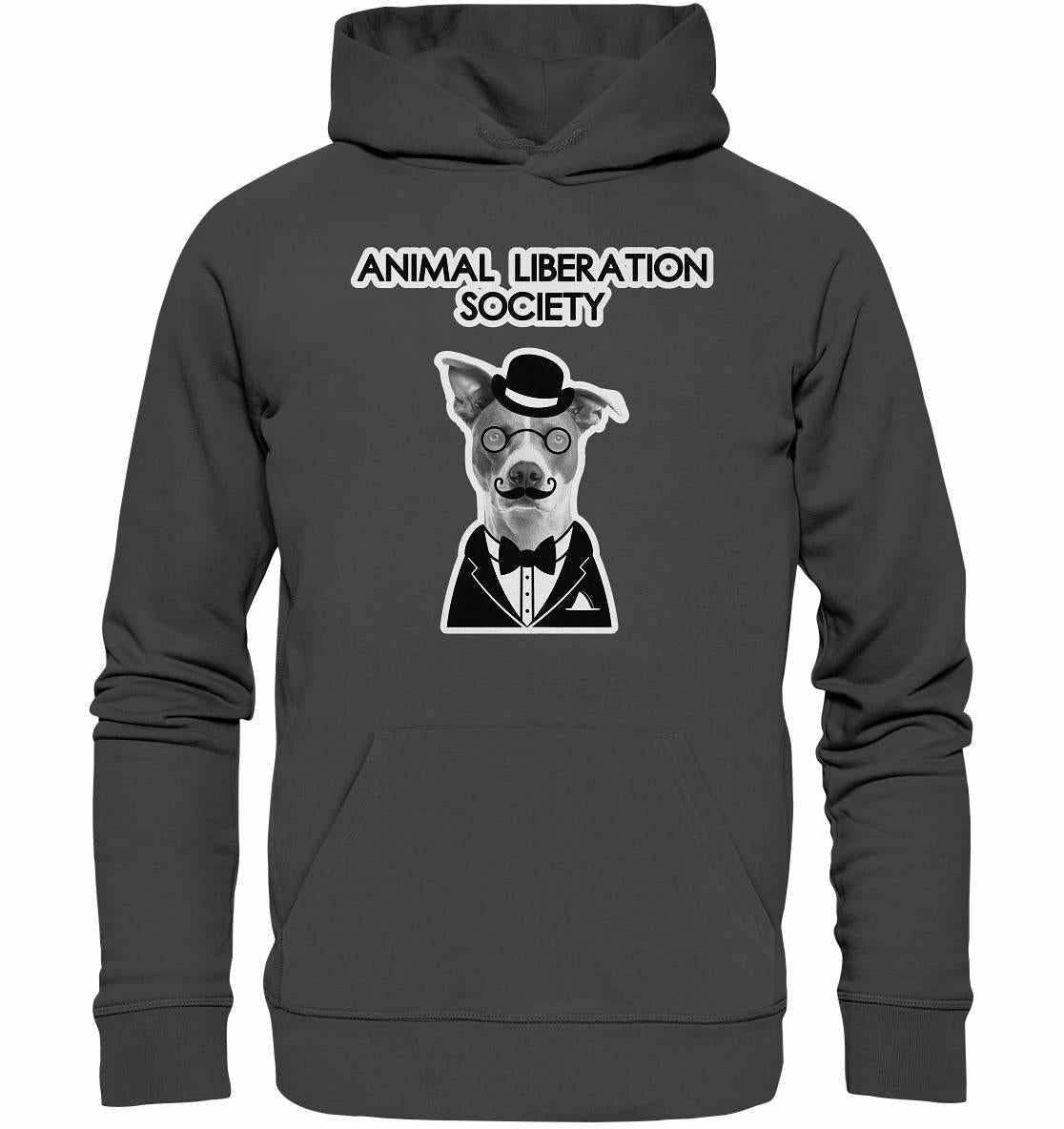 Vegan und Bio Hoodie: Mr. Dog - Animal Liberation Society, grauer Hoodie mit Hund im Anzug, Hut und Brille, aus Bio-Baumwolle und recyceltem Polyester.