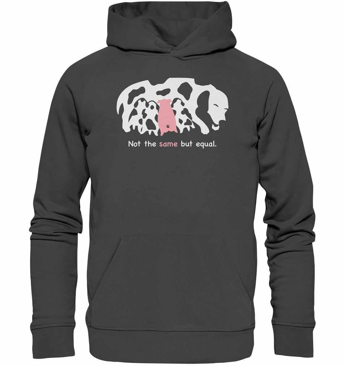 Vegan und Bio Hoodie: Animal equality mit weiß-schwarzem Tierdesign, hergestellt aus nachhaltigen Materialien. Repräsentiert Liebe und Schutz durch rebellisches Design.