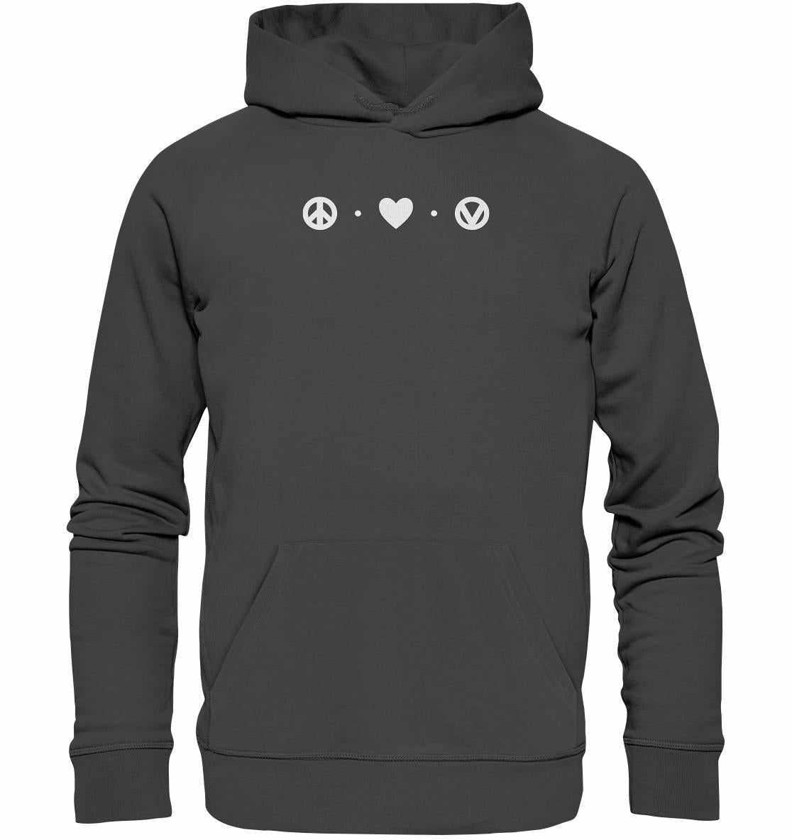 Vegan und Bio Hoodie: Peace - Love - Veganism, grauer Hoodie mit weißem Peace- und Herzsymbol, nachhaltig aus Bio-Baumwolle und recyceltem Polyester gefertigt.