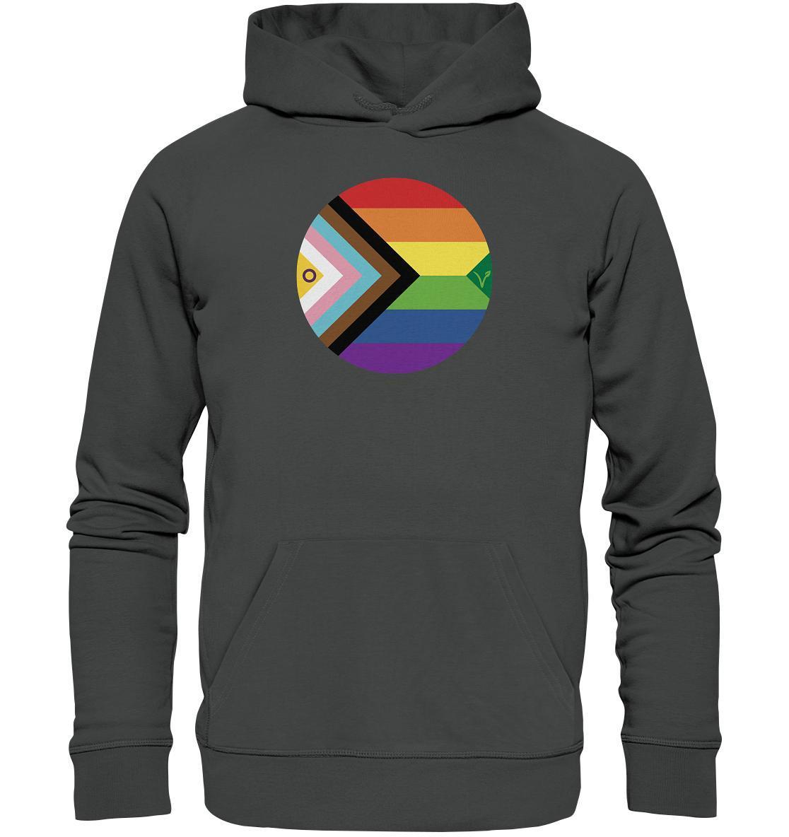 Vegan und Bio Hoodie: LGBTQAI+ Veganismus, grauer Hoodie mit Regenbogenlogo, aus Bio-Baumwolle und Recyclingmaterialien, symbolisiert Freiheit und Liebe.