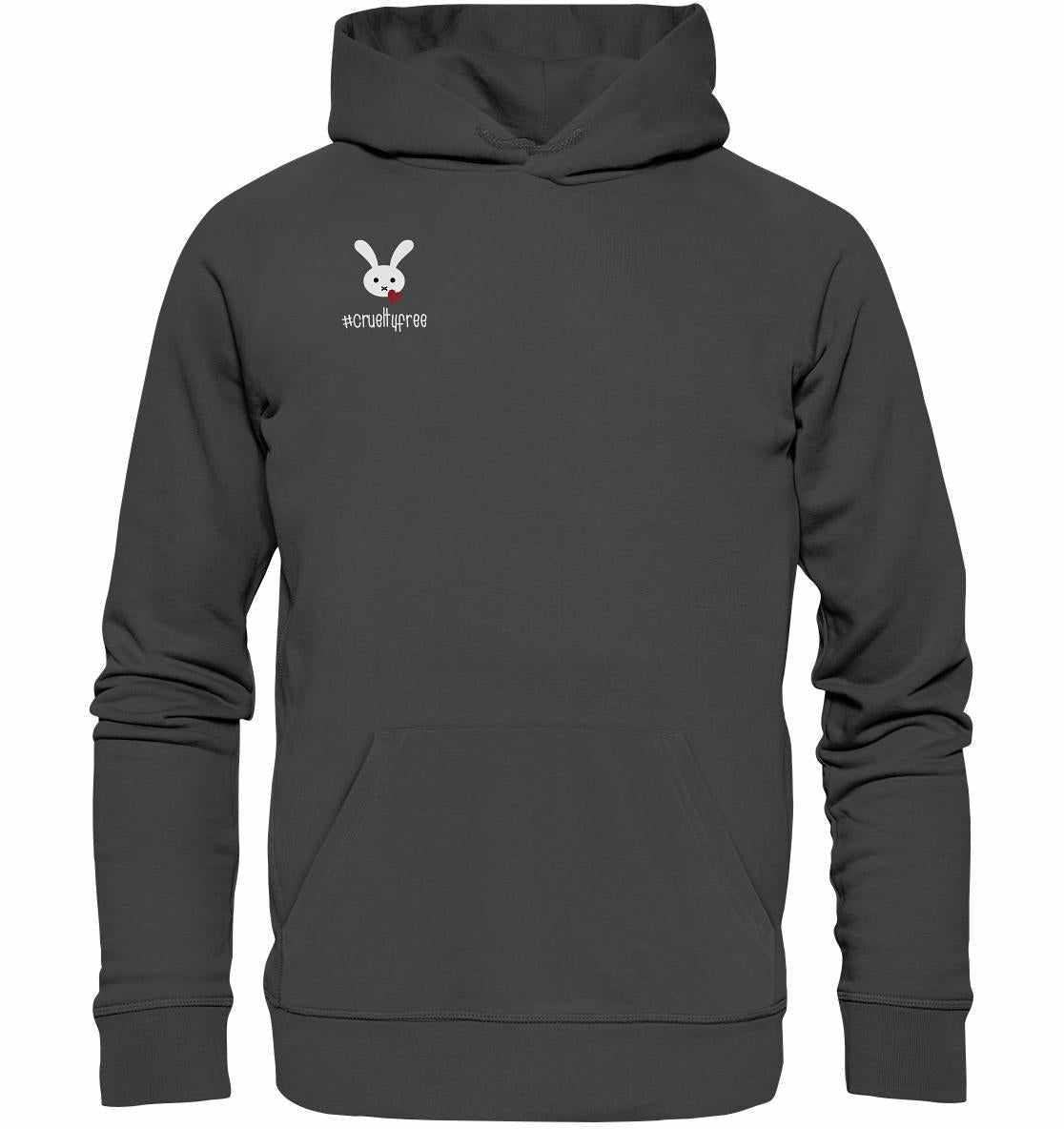 Vegan und Bio Hoodie: Crueltyfree Bunny, grauer Hoodie mit weißem Kaninchen und rotem Herz, symbolisiert vegane Bewegung gegen Tierversuche.