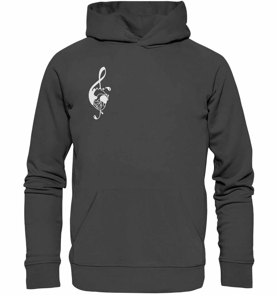 Vegan und Bio Hoodie: Music Therapy with Heart, grauer Kapuzenpullover mit weißem Notenschlüssel, nachhaltig aus Biobaumwolle gefertigt, ideal für Musikliebhaber.