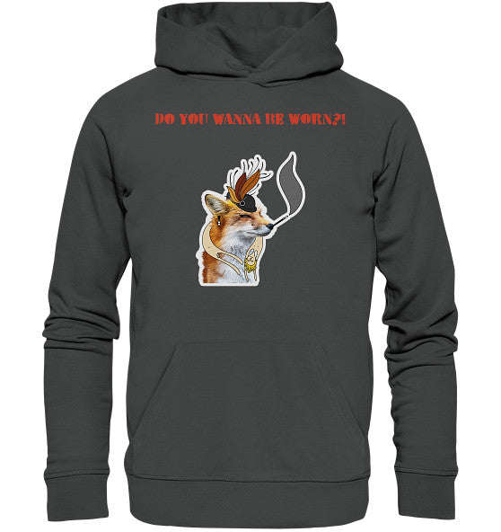Vegan und Bio Hoodie: Mrs. Fox demonstriert gegen Pelz! zeigt eine stilisierte Fuchsfigur mit Hut und Feder auf einem grauen Kapuzenpullover.