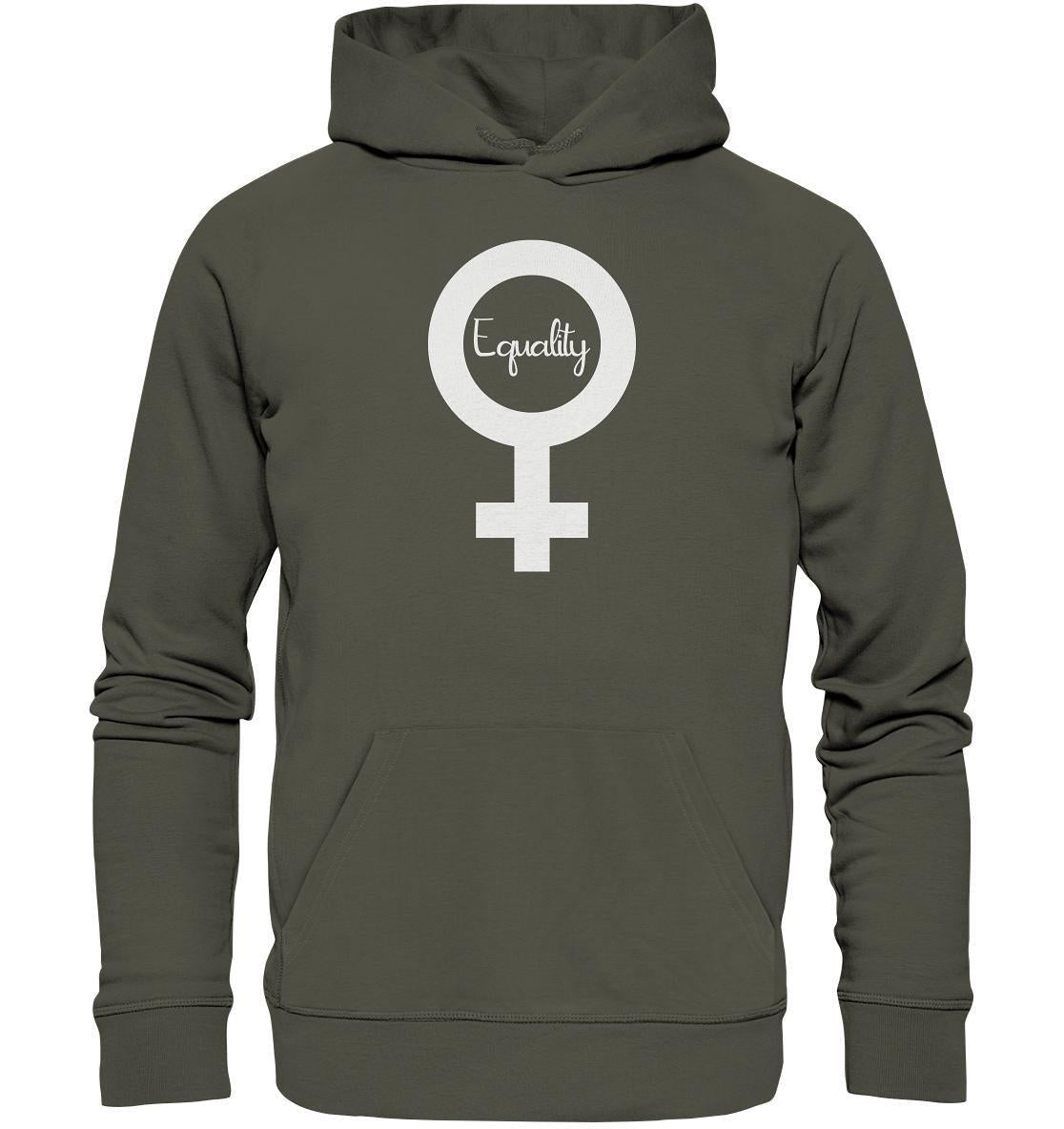 Vegan und Bio Hoodie mit Gleichheits-Symbol, hergestellt aus Bio-Baumwolle und recyceltem Polyester, unterstützt feministische Gleichberechtigung.