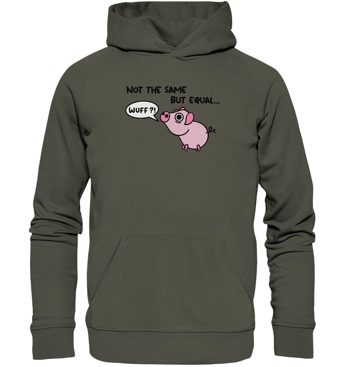 Vegan und Bio Hoodie mit süßem Cartoon-Schwein und Sprechblase, aus Bio-Baumwolle, symbolisiert Tierrechte und Gleichheit. Nachhaltig und rebellisch designt.