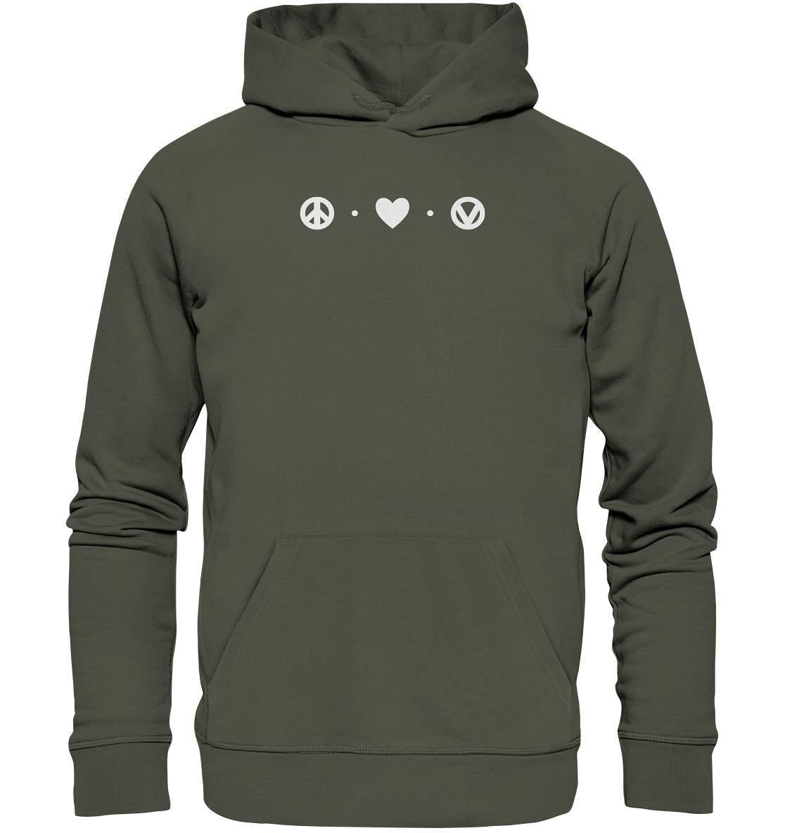 Vegan und Bio Hoodie: Peace - Love - Veganism mit weißen Friedenssymbolen und Herzen, nachhaltig produziert aus Bio-Baumwolle und recyceltem Polyester, für vegane und umweltfreundliche Statements.
