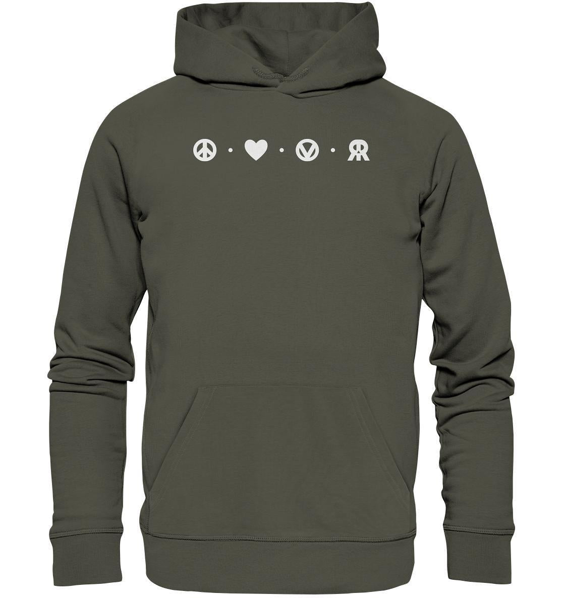 Vegan und Bio Hoodie von RUDE REBEL mit Friedens- und Herzsymbolen, aus Bio-Baumwolle und recycelten Materialien, symbolisiert Liebe, Frieden und veganen Lebensstil.
