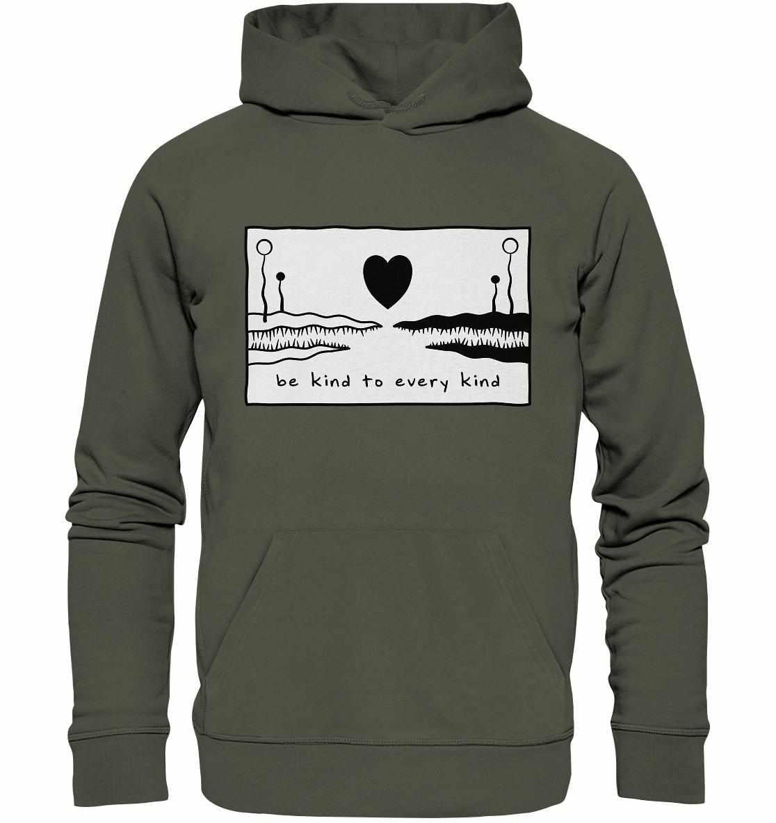 Vegan und Bio Hoodie: Be kind to every kind, grauer Hoodie mit schwarzem Herzdesign, hergestellt aus nachhaltiger Bio-Baumwolle, symbolisiert Liebe und Frieden für alle Wesen.