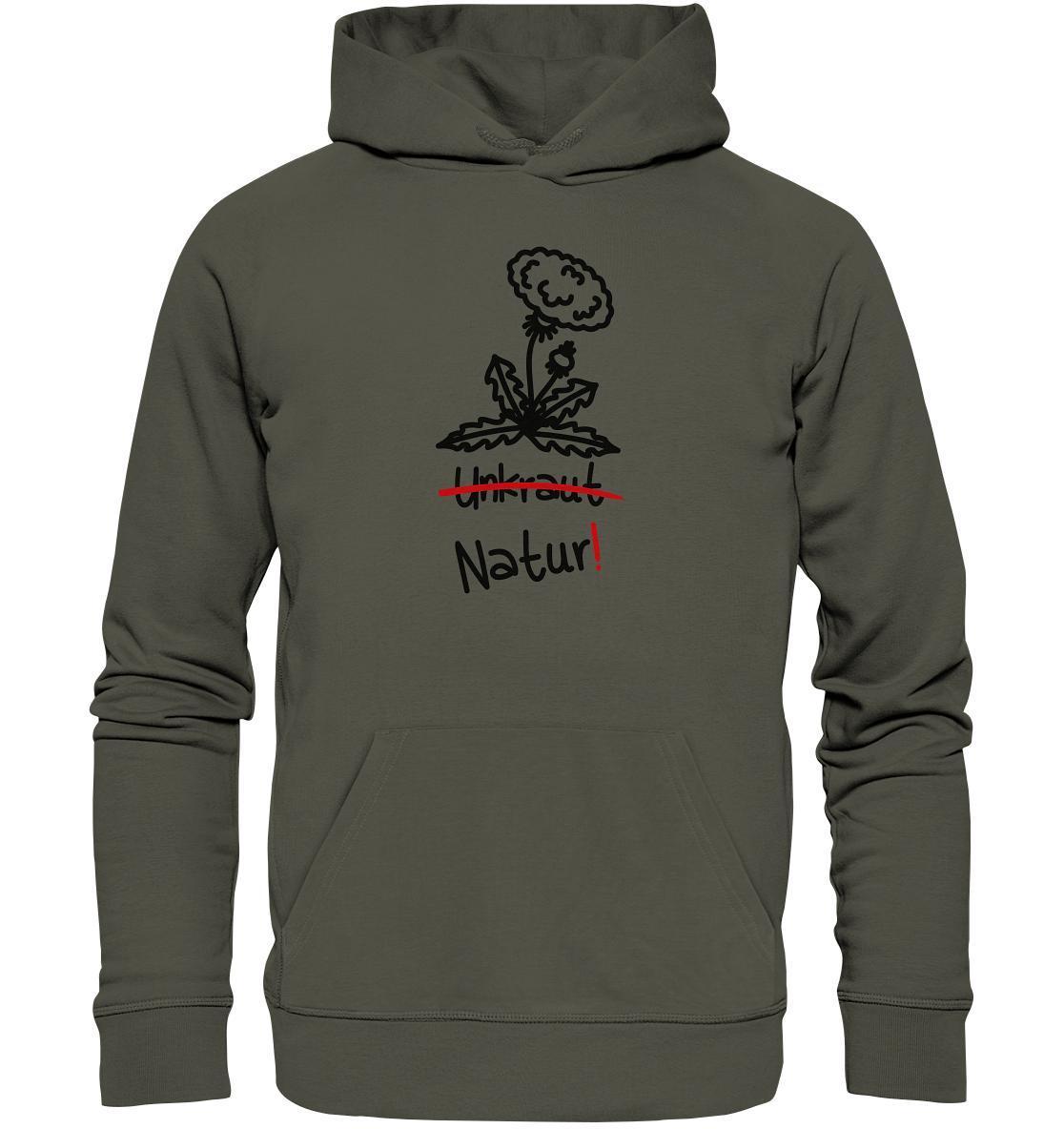 Vegan und Bio Hoodie: Löwenzahn - Naturschutz, grauer Hoodie mit Blumenmotiv, betont umweltfreundliche Herstellung und Naturschutz, aus Bio-Baumwolle und recyceltem Polyester.