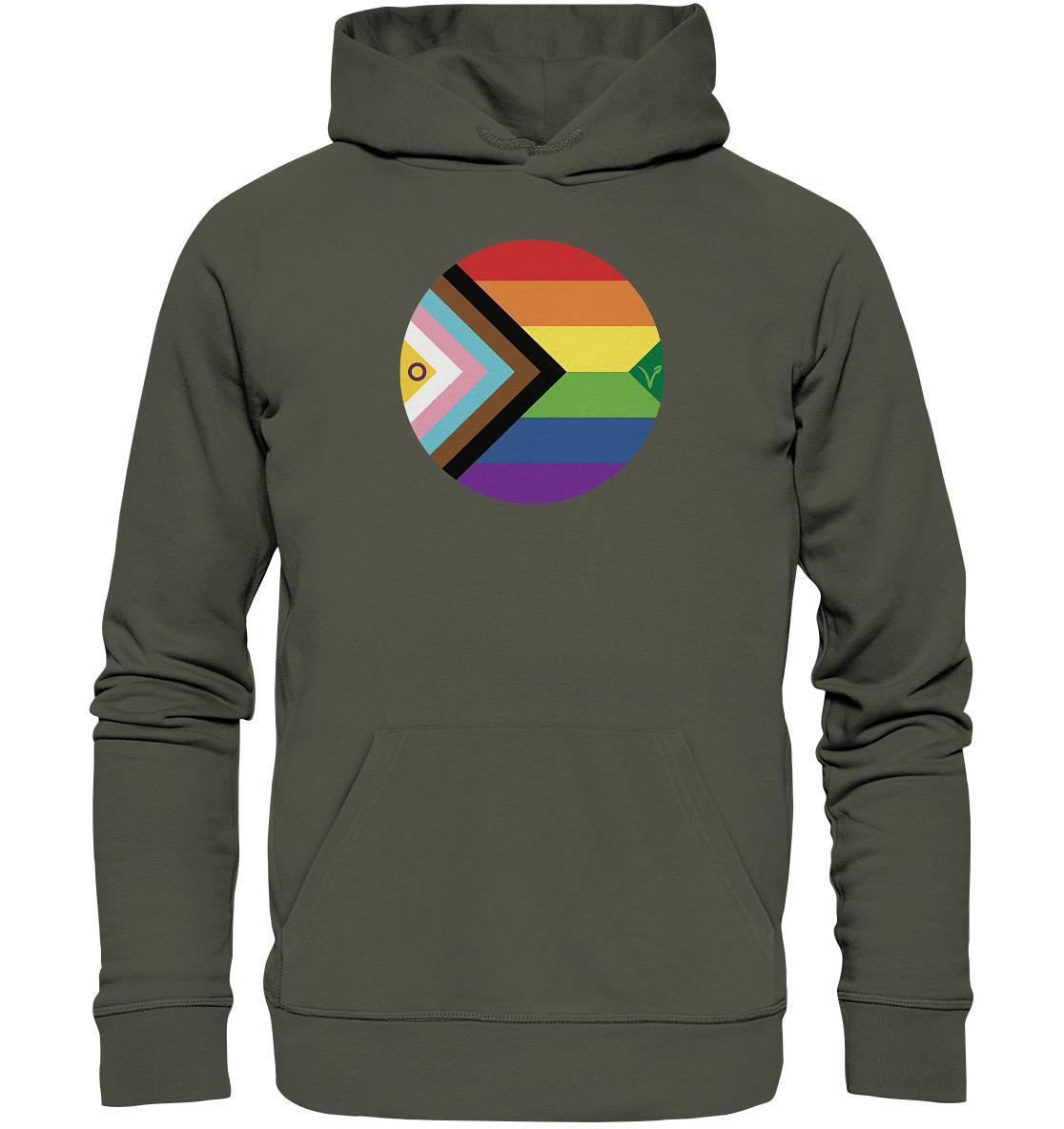 Vegan und Bio Hoodie: LGBTQAI+ Veganismus, grauer Hoodie mit Regenbogenkreis und Fisch, aus Bio-Baumwolle und recyceltem Polyester, nachhaltige Produktion.