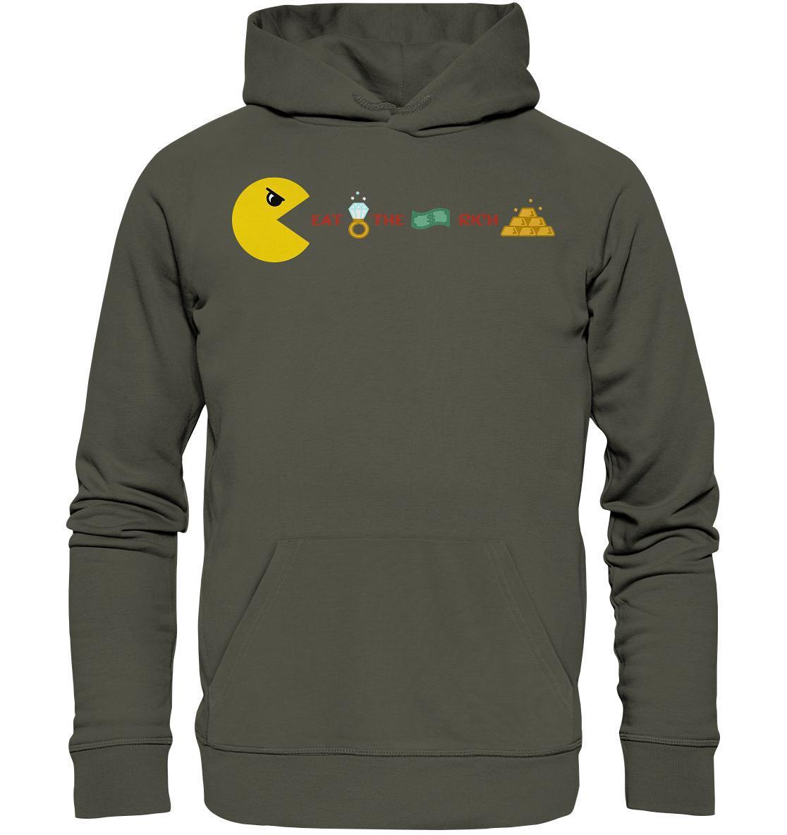 Vegan und Bio Hoodie: PAC-MAN - Eat the rich, grauer Hoodie mit Pacman-Motiv und goldenen Pyramiden, umweltfreundlich aus Bio-Baumwolle und recyceltem Polyester.