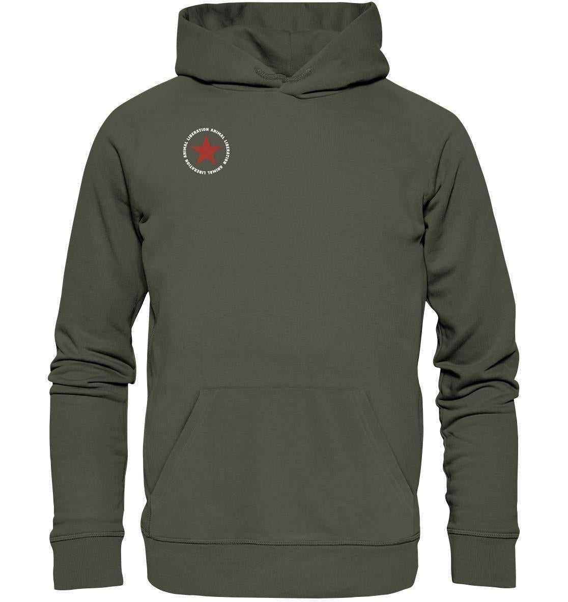 Vegan und Bio Hoodie: Red Star - Animal Liberation, grauer Hoodie mit rotem Stern, aus Bio-Baumwolle und recyceltem Polyester, rebellisches Design für Tierrechte.