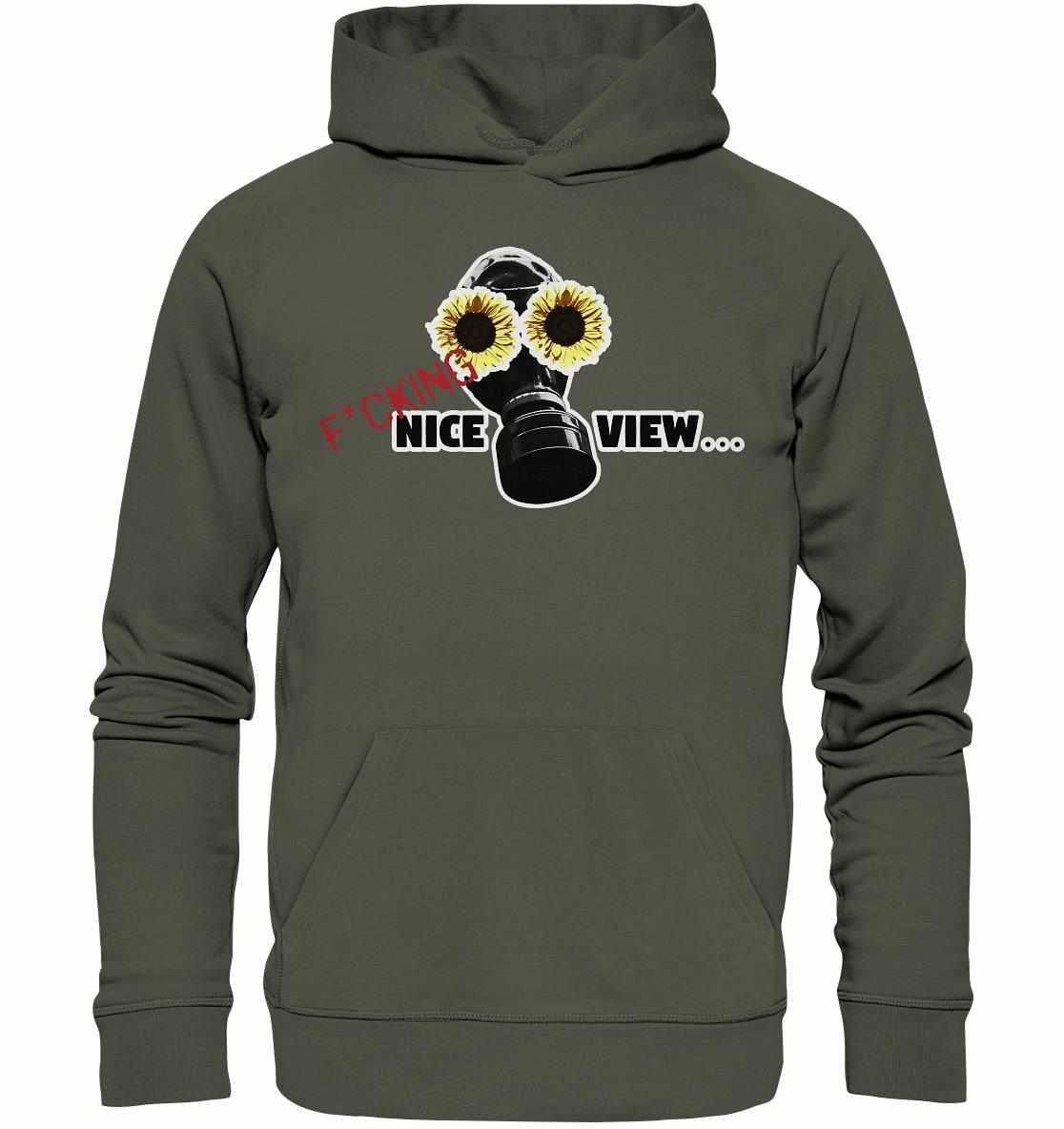 Vegan und Bio Hoodie mit Gasmaske und Sonnenblumen-Design, aus nachhaltigen Materialien, inspiriert von einer dystopischen Zukunft und Umweltbewusstsein.