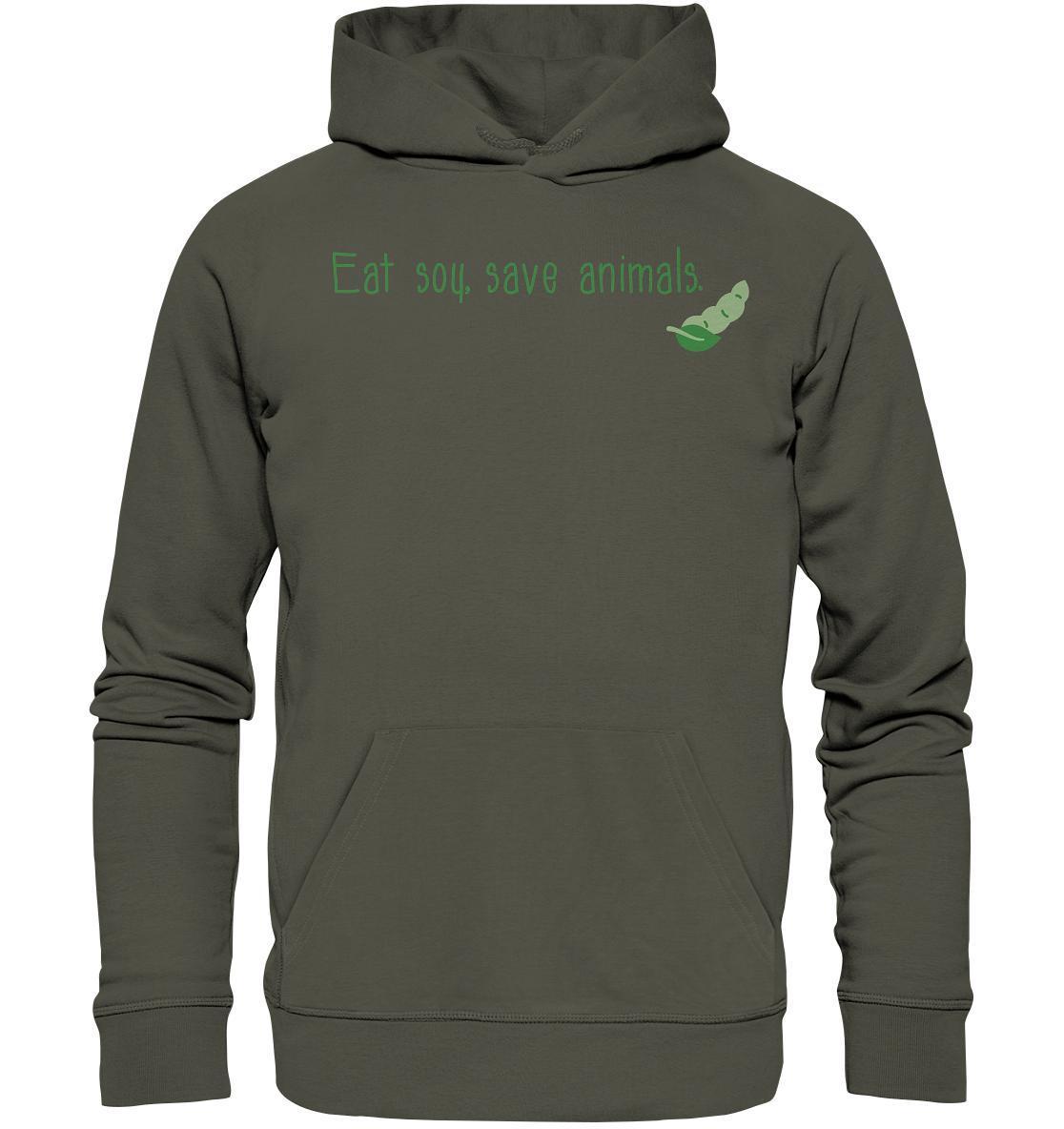 Vegan und Bio Hoodie mit grünem Text Veganism - Eat soy, save animals. aus grauem Stoff, umweltfreundlich aus Biobaumwolle und Recyclingmaterialien hergestellt.
