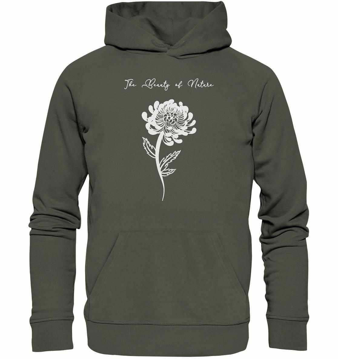 Vegan und Bio Hoodie: Chrysantheme, grauer Hoodie mit weißem Blumenmotiv, aus nachhaltigen Materialien, ideal für Naturschutz-Bewusste.