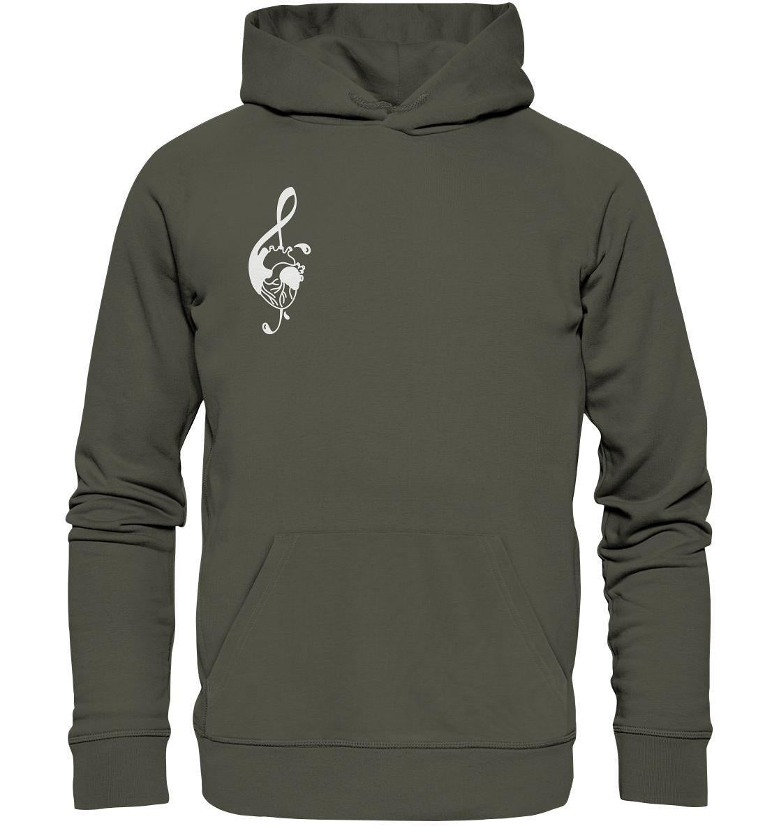 Vegan und Bio Hoodie: Music Therapy with Heart, graues Sweatshirt mit weißem Notenschlüssel und Herzmotiv, nachhaltige Produktion, Bio-Baumwolle und recyceltes Polyester.