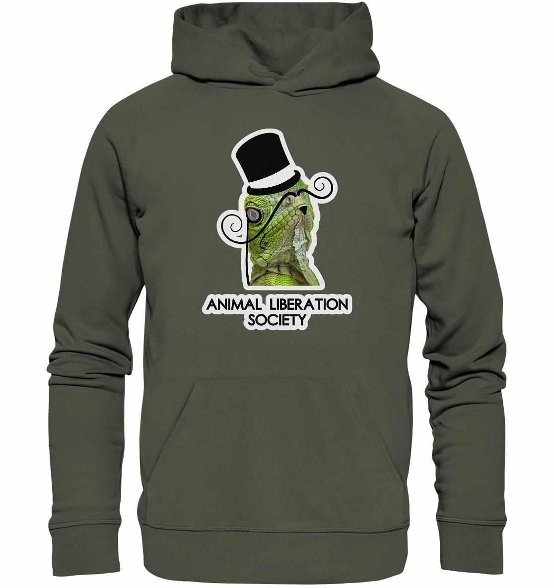 Vegan und Bio Hoodie: Sir Reptile - Animal Liberation Society zeigt einen eleganten Echse mit Zylinder, umweltfreundlich aus Bio-Baumwolle und Recyclingmaterialien gefertigt.