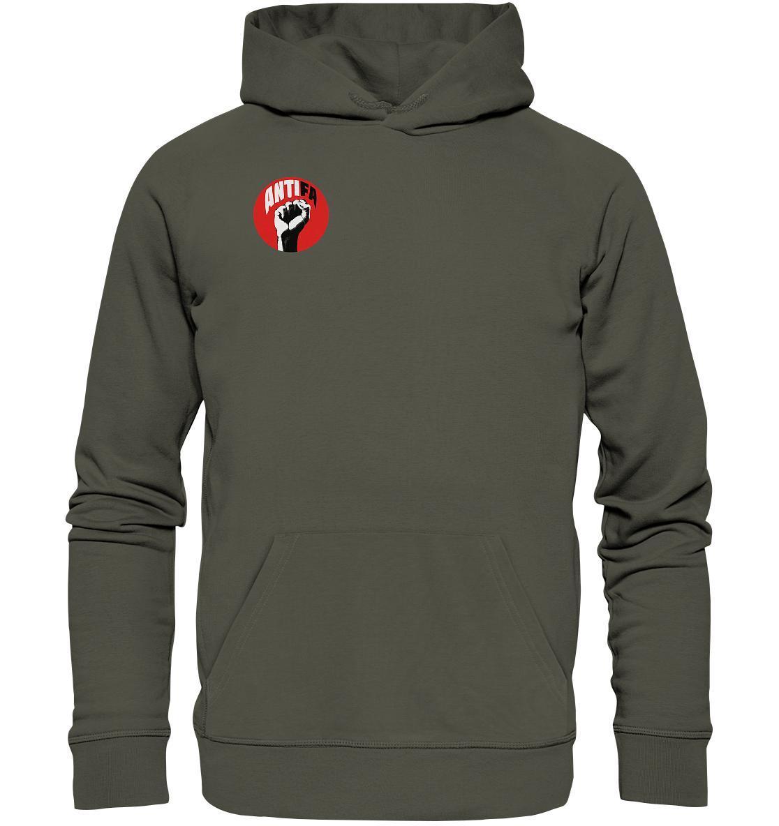 Vegan und Bio Hoodie: Antifa - Gemeinsam gegen Rechts, grauer Hoodie mit rotem und weißem Logo, getragen von Person, unterstreicht antirassistische Botschaft mit umweltfreundlichen Materialien.