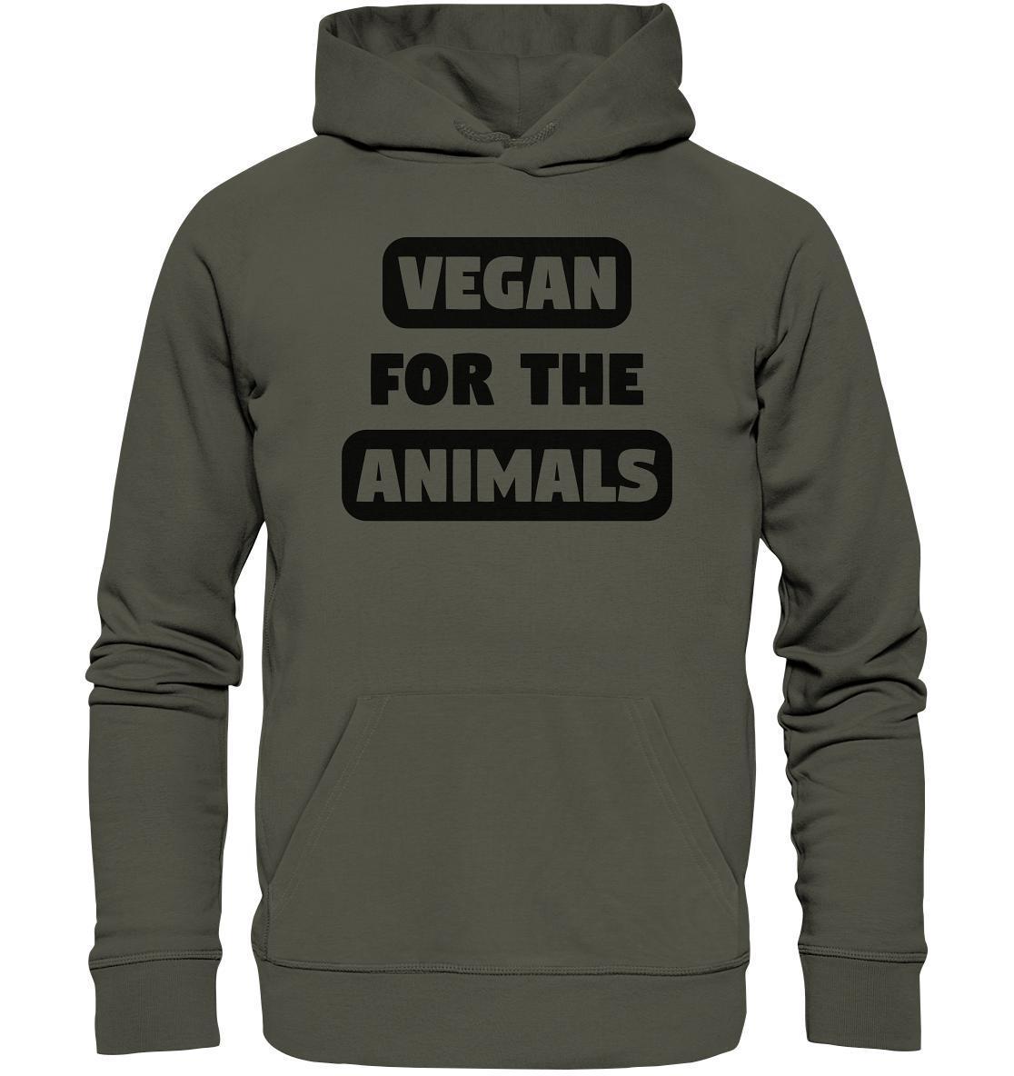 Vegan und Bio Hoodie: VEGAN FOR THE ANIMALS, grauer Hoodie mit schwarzem Text, aus Bio-Baumwolle und recyceltem Material, nachhaltige Mode von RUDE REBEL.