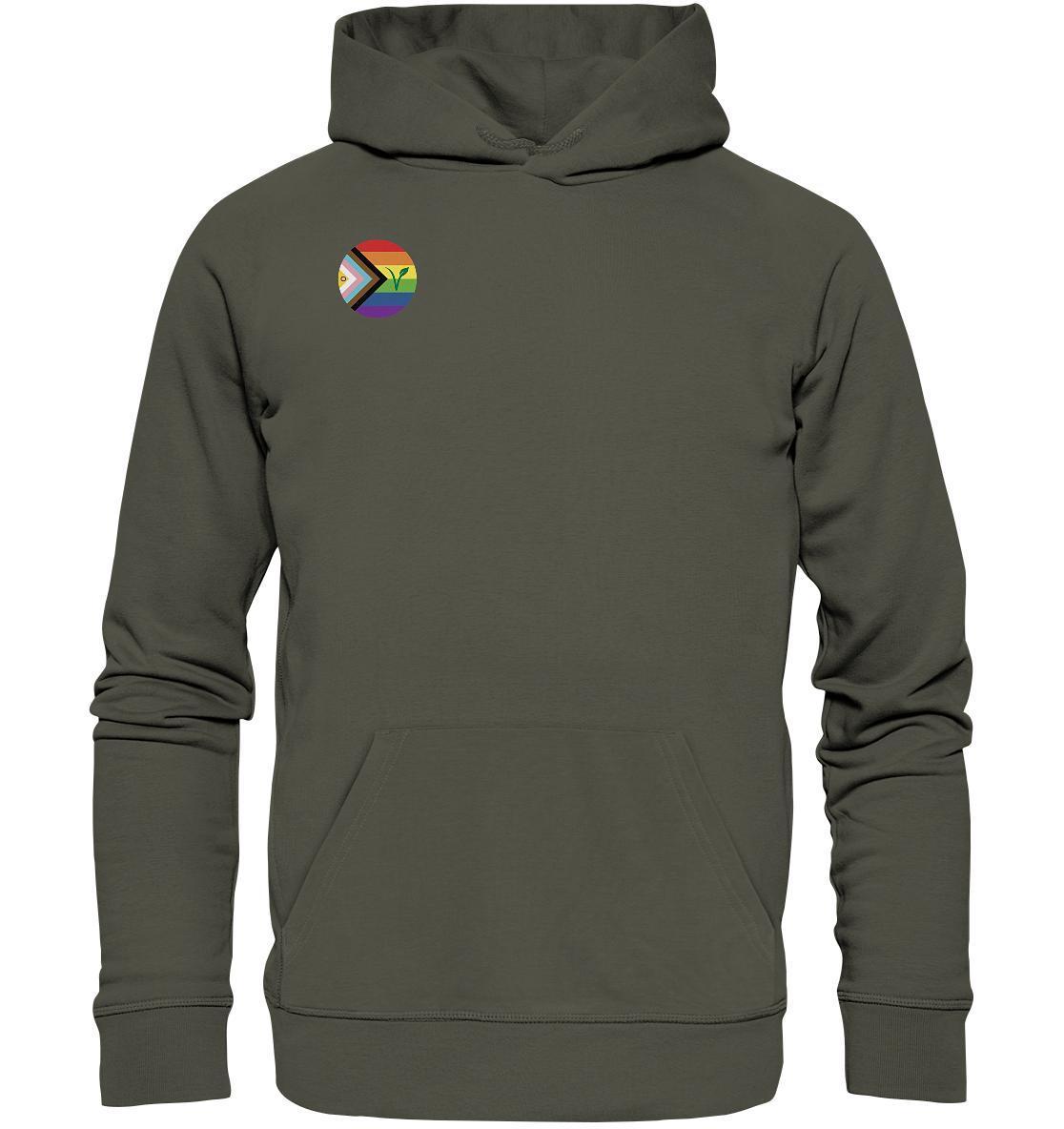 Vegan und Bio Hoodie: LGBTQIA+ VEGAN, grauer Kapuzenpullover mit Regenbogen-Logo und pflanzlichem Motiv, aus Bio-Baumwolle und recyceltem Polyester, getragen von einer Person.