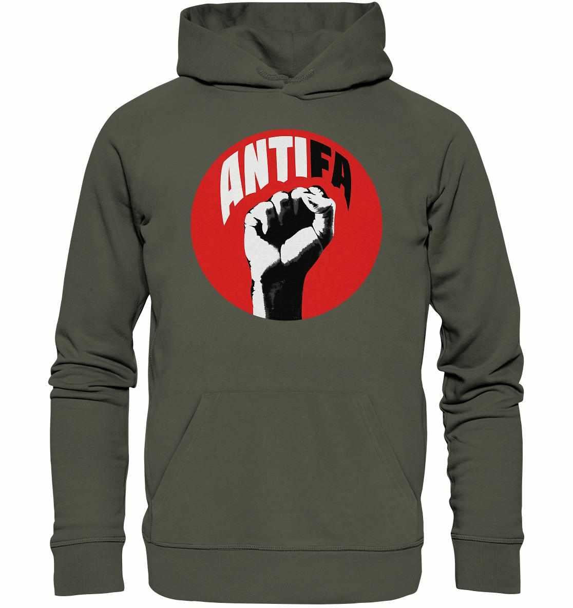 Vegan und Bio Hoodie: Antifa - Kampf gegen Rechts mit aufgestickter Faust, aus nachhaltiger Bio-Baumwolle, symbolisiert Widerstand gegen Faschismus.