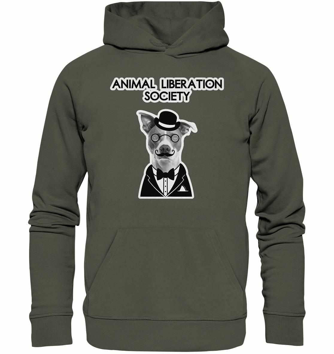 Vegan und Bio Hoodie: Mr. Dog - Animal Liberation Society, grauer Hoodie mit Hundemotiv, Brille und Schnurrbart, hergestellt aus Bio-Baumwolle und recyceltem Polyester.